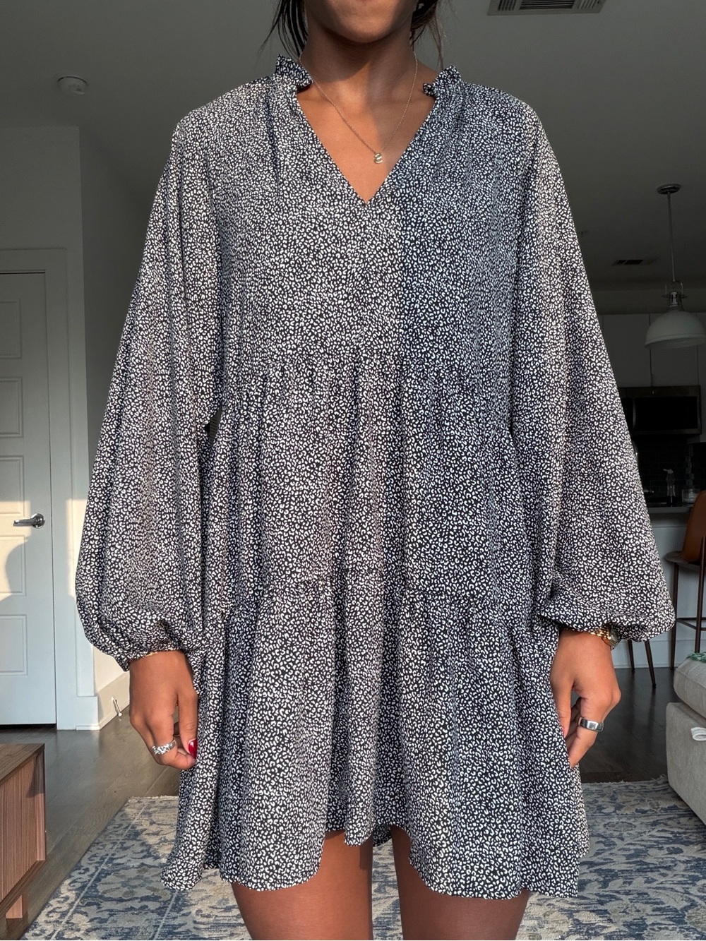 Black & White Printed V-Neck Long Sleeve Tiered Dress